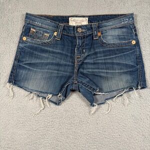 Big Star Miki Low Rise Denim Cut Off Shorts Medium Wash Distressed Size 28R